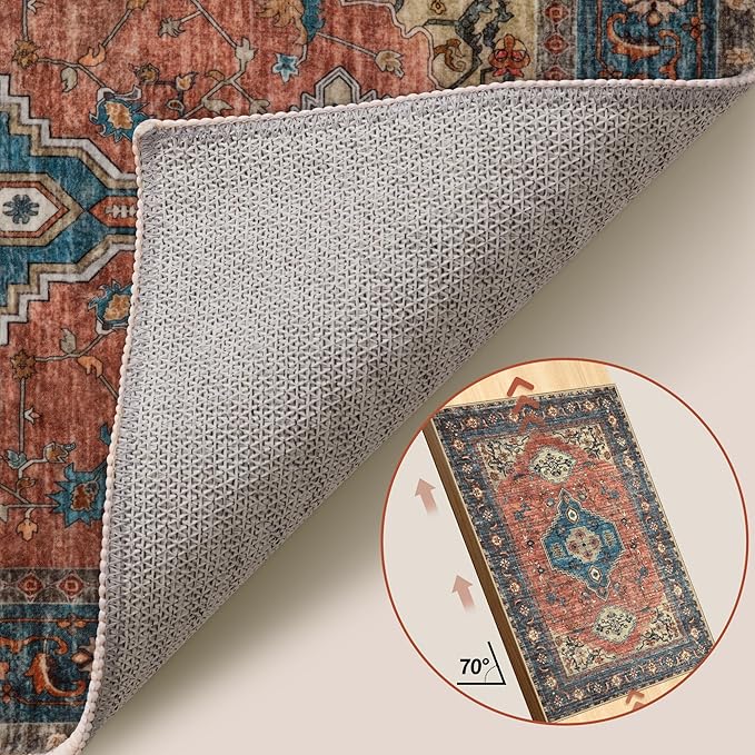 Tangsoo 2.6x8 Washable Runner Rug for Hallways, Non Slip Vintage Runner Rug, Soft Low Pile Long Rug Runner, Print Carpet Runners for Kitchen Bedroom Entryway Bathroom Living Room Terracotta