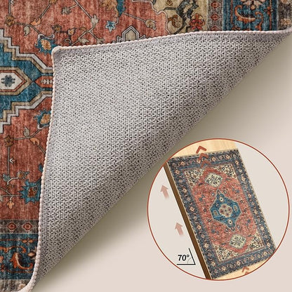 Tangsoo Oriental Washable Entryway Rugs Terracotta 2x3 Non Slip Small Area Rug, Vintage Indoor Front Door Rug, Print Door Mat Indoor Entrance Soft Low Pile Throw Rug for Entry Kitchen Bedroom