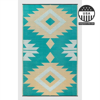 FH Home Outdoor Rug - Waterproof, Fade Resistant, Reversible - Premium Recycled Plastic - Geometric - Patio, Deck, Porch, Balcony - Bursa Kilim - Teal Crease Free - 4 x 6 ft