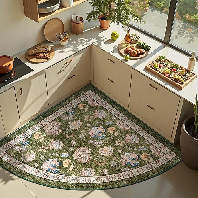 jinchan Elora Floral Corner Rug for Entryway Washable Rug Vintage Romance Christmas Design Non Slip Quarter Circle Lightweight Low-Pile Throw Carpet for Playroom Reading Nook, 4ft Radius, Green