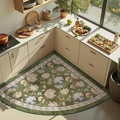 jinchan Elora Floral Corner Rug for Entryway Washable Rug Vintage Romance Christmas Design Non Slip Quarter Circle Lightweight Low-Pile Throw Carpet for Playroom Reading Nook, 4ft Radius, Green