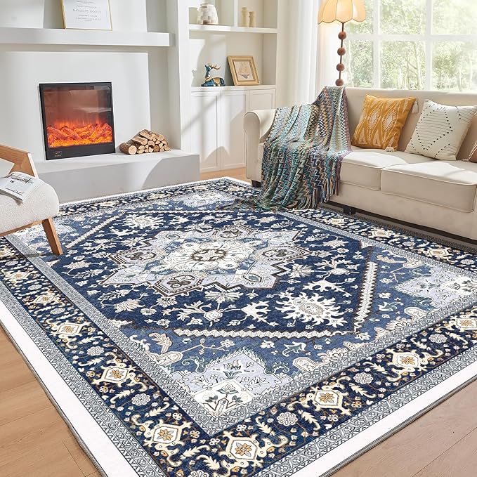 OPPODREAM Thin 10x14 Area Rugs, Washable Rugs 10x14 with Non Slip Backing, Low-Pile Faux Cashmere 10 x 14 Carpet, Navy Blue & Gold