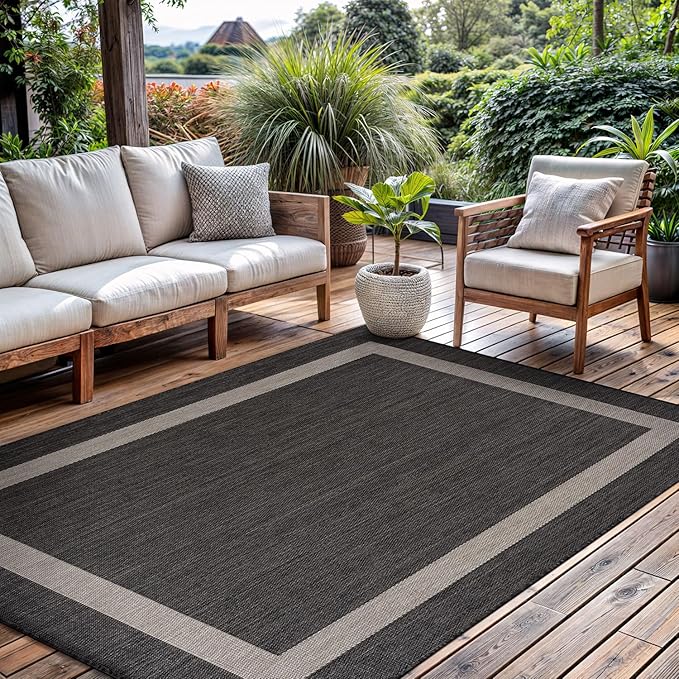 CAMILSON Outdoor Rug 5x7,Modern Outside Rugs for Patios Porches Waterproof Durable Washable Non-Shedding, Easy-to-Clean Indoor Outdoor Area Carpet (5 x 7, Bordered - Dark Gray/Light Gray)