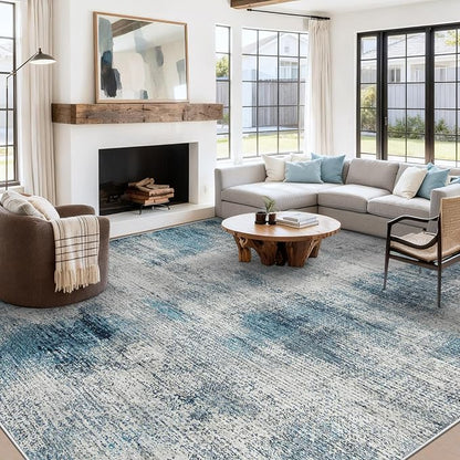9x12 Area Rugs for Living Room: Washable Modern Abstract Rug Large Soft Non-Slip Rugs Indoor Low-Pile Carpet for Bedroom Dining Room Home Office (Blue, 9'x12')