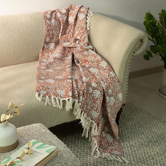 100% Pure Cotton Handblock Printed Throw Blanket, Soft 50" x 60" Fringed Floral Print Throw for Couch, Sofa, Chair, Bed - Cozy, Machine Washable, Comfortable Home Decor