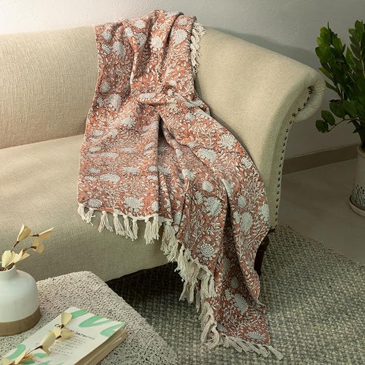 100% Pure Cotton Handblock Printed Throw Blanket, Soft 50" x 60" Fringed Floral Print Throw for Couch, Sofa, Chair, Bed - Cozy, Machine Washable, Comfortable Home Decor