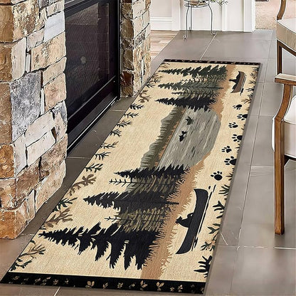 Vintage Bear Claw Fishing Boat Rug 2x8ft Elk Pine Forest Bohemian Carpet, Non-Slip Nursery Rug with Washable Surface, Brown Retro Floor Mat for Cabin Decor