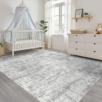 7x9 Area Rug Living Room: Washable Large Neutral Grey Rugs Abstract Soft Modern Stain Resistant Indoor Floor Non-Slip Carpet for Bedroom Nursery Kids Office Playroom Dining Room Under Table Home