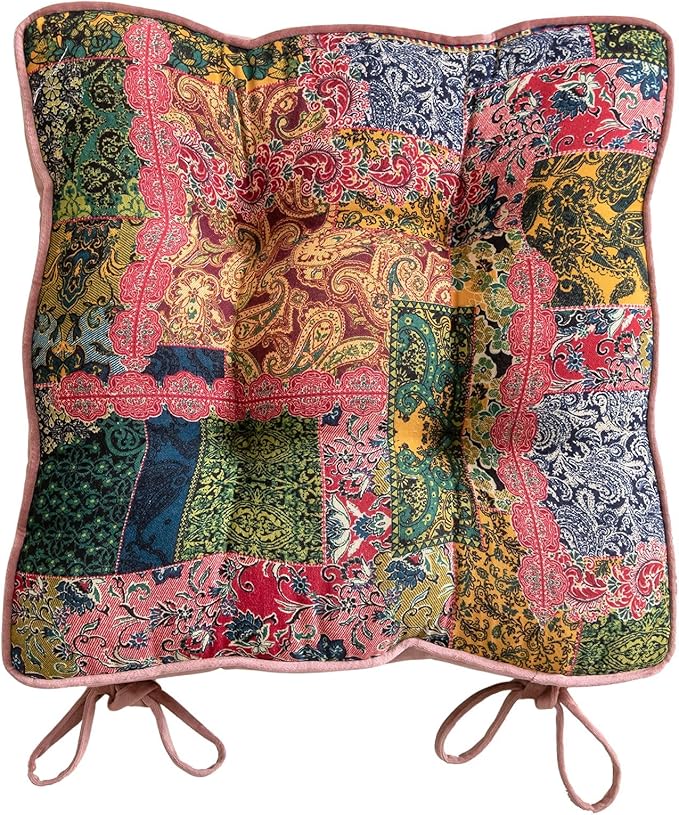 vctops Boho Paisley Chair Cushions with Ties Patchwork Square Soft Cozy Cotton Linen Chair Pads Non Slip Seat Cushions for Indoor Dining Room and Kitchen Chairs (Pink,16"x16")