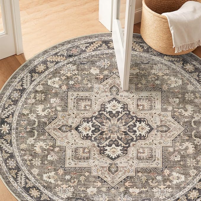 5ft Round Vintage Living Room Area Rug - 5x5 Large Soft Washable Oriental Traditional Distressed Farmhouse Rugs for Bedroom - Indoor Floor Accent Carpet for Home Office House Decor - Brown