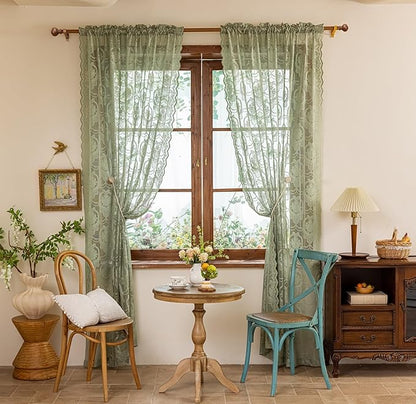 Green Lace French Delicacy Curtains 84 Inches Long -Rod Pocket Luxury Vintage Bow Butterfly Sheer Flower Lace Curtains for Living Room Bedroom，52 x 84 Inch, 2 Panels