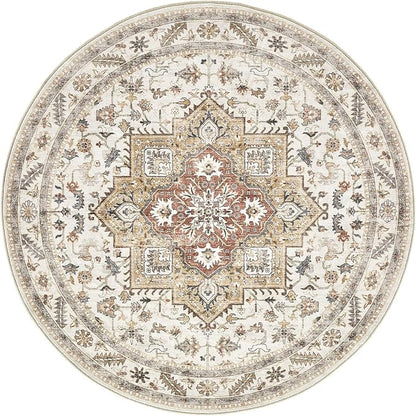 6ft Round Vintage Living Room Area Rug - 6x6 Large Soft Washable Oriental Traditional Distressed Farmhouse Rugs for Bedroom - Indoor Floor Accent Carpet for Home Office House Decor - Golden Taupe