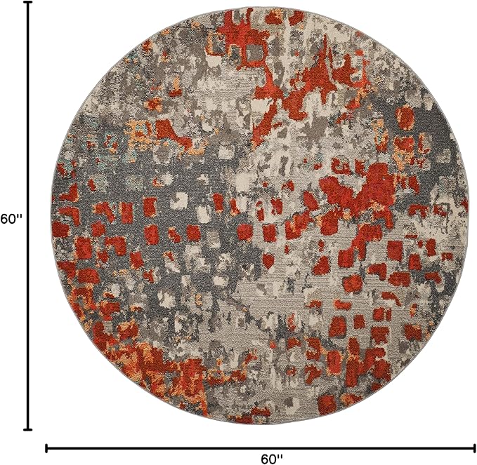 SAFAVIEH Monaco Collection Area Rug - 5' Round, Grey & Orange, Boho Chic Abstract Watercolor Design, Non-Shedding & Easy Care, Ideal for High Traffic Areas in Living Room, Bedroom (MNC225H)