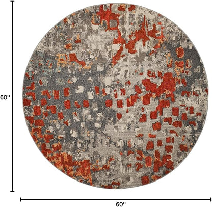 SAFAVIEH Monaco Collection Area Rug - 5' Round, Grey & Orange, Boho Chic Abstract Watercolor Design, Non-Shedding & Easy Care, Ideal for High Traffic Areas in Living Room, Bedroom (MNC225H)