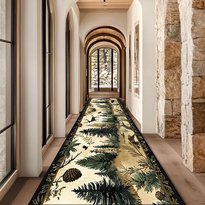 Brown Bohemian Bear Runner Rug 2x4ft with Elk Cabin Pinecone - Foldable Vintage Floor Mat for Farmhouse Decor, Thick Non-Skid Rug Indoor Outdoor Use, Forest Lawn Pattern