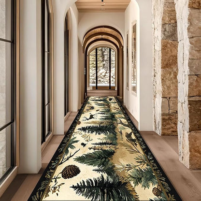 Brown Bohemian Bear Runner Rug 4x12ft with Elk Cabin Pinecone - Foldable Vintage Floor Mat for Farmhouse Decor, Thick Non-Skid Rug Indoor Outdoor Use, Forest Lawn Pattern