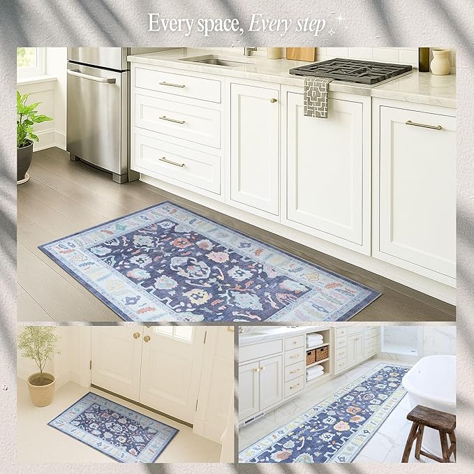 Fame Rugs Navy Blue Modern Oushak Rug 2'6"x7', Washable Vintage Turkish Colorful Oriental Antique Inspired Foldable Small Runner Rugs, Luxury Living Room Bedroom (388NB, 2'6" x 7')