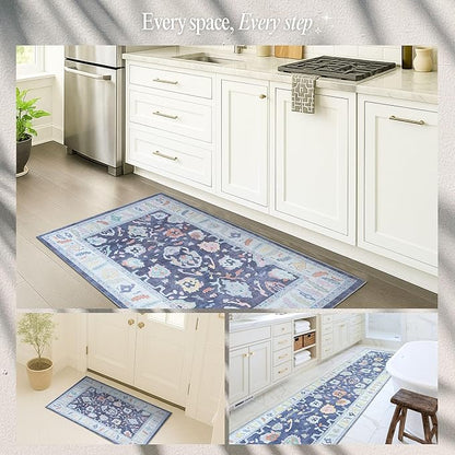 Fame Rugs Navy Blue Modern Oushak Rug 6x9, Vintage Turkish Colorful Oriental Antique Inspired Washable Large Area Rugs, Luxury Living Room Bedroom (388NB, 6' x 9')