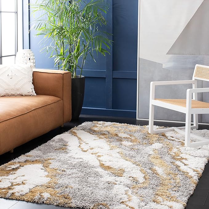 SAFAVIEH Horizon Shag Collection Area Rug - 5'3" x 7'7", Grey & Gold, Modern Abstract Design, Non-Shedding & Easy Care, 2.6-inch Thick Ideal for High Traffic Areas in Living Room, Bedroom (HZN890D)
