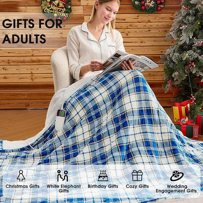 Heated Electric Blanket Queen Size, 84X90 Heating Blanket Queen with Dual Control&10 Heats Levels&Timer for Bed,Blue Plaid Sherpa Soft Blankets Warmer Gift for Grandma Women Adults, Washable