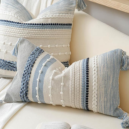 BlissBlush Coastal Blue Boho Decorative Throw Pillow Cover 18x18 Modern Bohemian Accent Pillow Case Square Woven Textured Farmhouse Pillows for Couch Bed (Pack of 1)