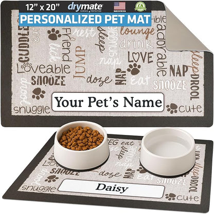 Drymate Personalized Pet Bowl Placemat, Custom Dog & Cat Food Feeding Mat - Absorbent Fabric, Waterproof Backing - Machine Washable/Durable (USA Made) (12" x 20") (Linen Tan)