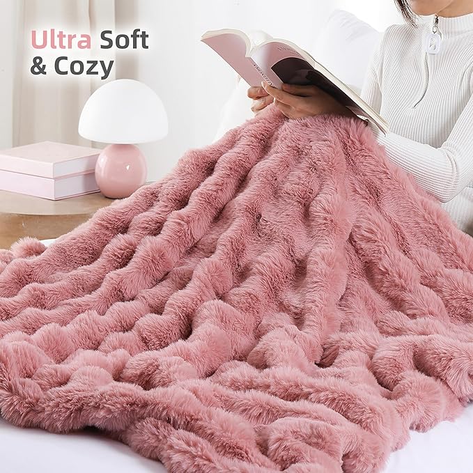 Smoofy Faux Fur Throw Blanket for Couch – Old Pink Fluffy Cozy Rabbit Fleece, Plush Soft Bubble Blanket for Sofa & Bed, for Mom, Warm Fuzzy Home Room Decor Throw 60" x 80"