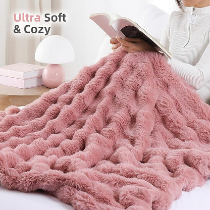 Smoofy Faux Fur Throw Blanket for Couch – Old Pink Fluffy Cozy Rabbit Fleece, Plush Soft Bubble Blanket for Sofa & Bed, for Mom, Warm Fuzzy Home Room Decor Throw 60" x 80"