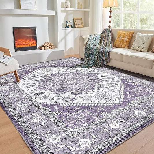OPPODREAM Thin 6x9 Area Rugs, Washable Rug 6x9 with Non Slip Backing, Faux Cashmere Low-Pile 6 x 9 Carpet, Purple