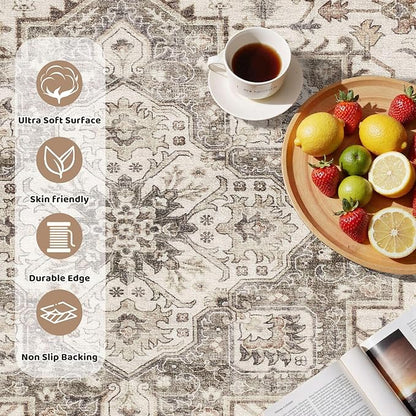 6ft Round Vintage Living Room Area Rug - 6x6 Large Soft Washable Oriental Traditional Distressed Farmhouse Rugs for Bedroom - Indoor Floor Accent Carpet for Home Office House Decor - Light Brown