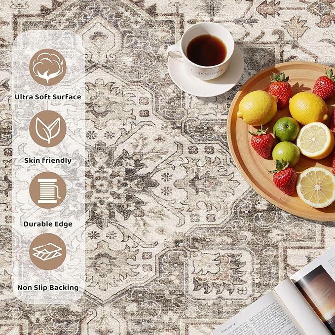 5ft Round Vintage Living Room Area Rug - 5x5 Large Soft Washable Oriental Traditional Distressed Farmhouse Rugs for Bedroom - Indoor Floor Accent Carpet for Home Office House Decor - Light Brown