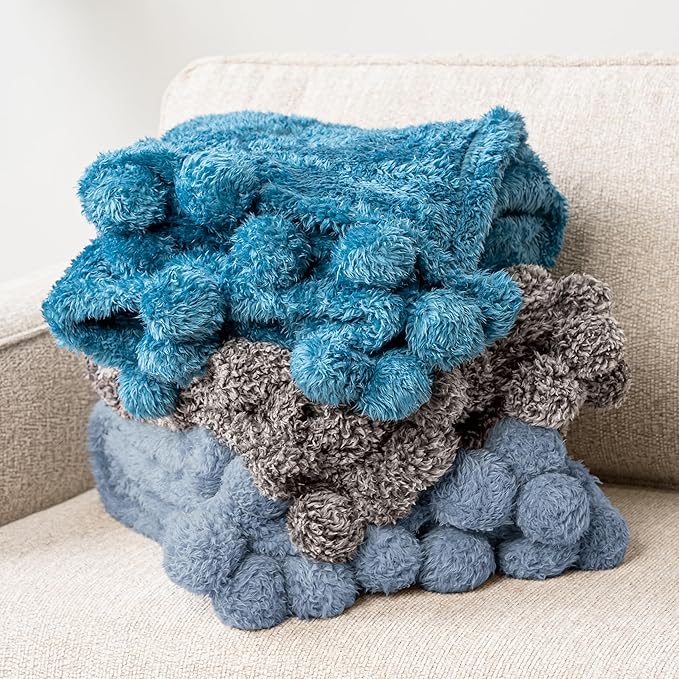 Pavilia Blue Sherpa Throw Blanket for Couch, Warm Plush Fuzzy Blanket Throw with Pom Poms, Dusty Blue, 60x80