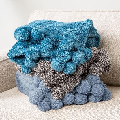 PAVILIA Blue Sherpa Throw Blanket for Couch, Warm Plush Pom Pom Blanket Throw, Dusty Blue Fuzzy Sofa Throw, Lightweight Soft Cozy Fluffy Blanket with Pom Poms, Light Blue, 50x60