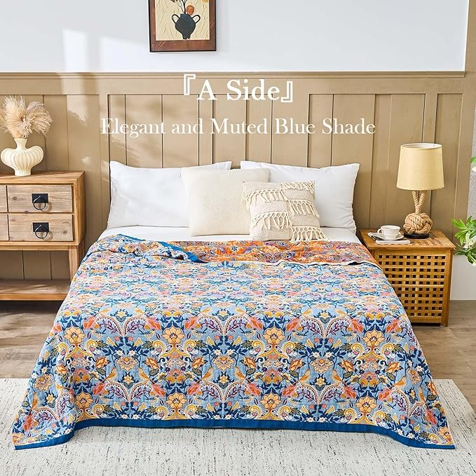 Blue Orange Fall Blanket 50"x 60" Boho Throw Blankets for Couch Bed Chair, 100% Cotton Quilts Warm Soft Blanket Muslin Bed Blankets Home Decor Farmhouse Warm Throws Gifts for Women Mom