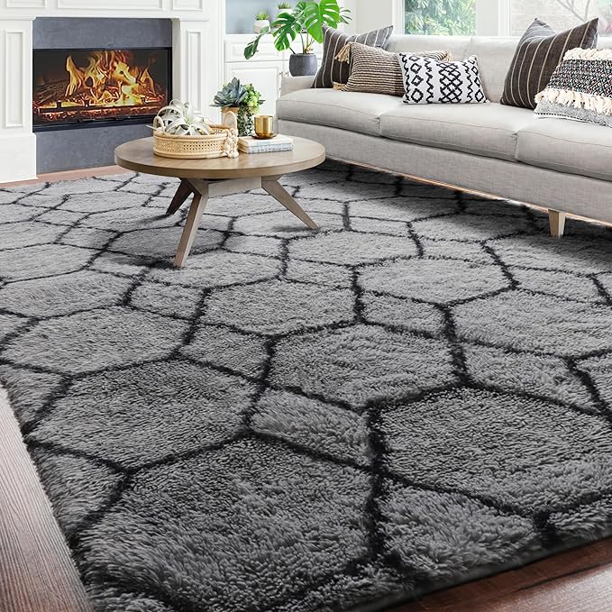 ONASAR 6x9 Area Rugs for Living Room Bedroom, Washable Large Fluffy Grey and Black Throw Rug, Geometric Soft Plush Shaggy Fuzzy Floor Carpet for Nursery Kids Girls Boys Teen Dorm Home Office Decor
