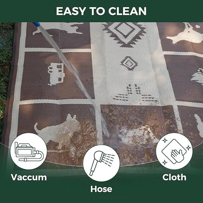 FXW Camping Rug, 8' x 10' Large Waterproof Portable RV Mat, Easy-to-Clean Straw Plastic Mat for Outdoor, Patio, Backyard, Deck, Picnic, Beach, Trailer, Brown & Beige