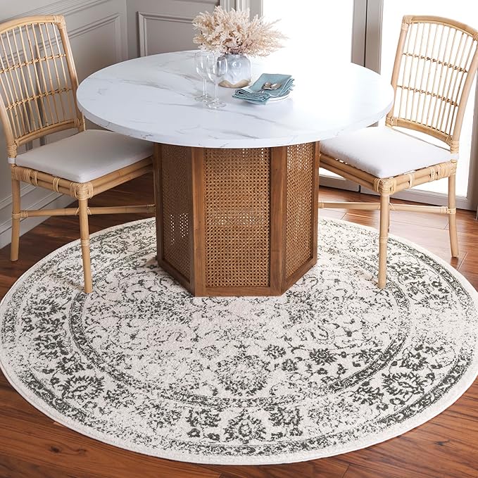SAFAVIEH Adirondack Collection Area Rug - 6' Round, Ivory & Dark Green, Distressed Vintage Floral Design, Non-Shedding & Easy to Clean, Ideal for Living Room, Bedroom, Dining Space (ADR109X)