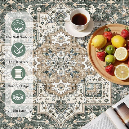 Vintage Entryway Area Rug 2x3 - Large Soft Washable Oriental Traditional Distressed Farmhouse Rugs for Bedroom - Indoor Floor Accent Carpet for Home Office House Decor - Vintage Green