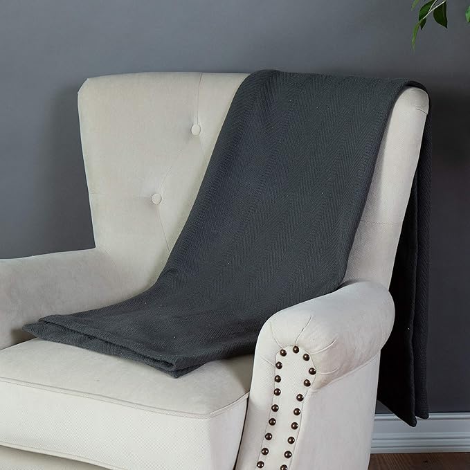 Sticky Toffee Cotton Throw Blanket, 60 x 50 Inch, Dark Gray Herringbone Weave, Soft Lightweight Woven Blanket for Couch, Boho Farmhouse Style