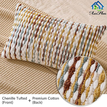 AmHoo Set of 2 Boho Chenille Pillow Cover Decorative Tufted Pillowcase for Couch Bed Sofa Bedroom Living Room Modern 12 x 20-Inch Brown
