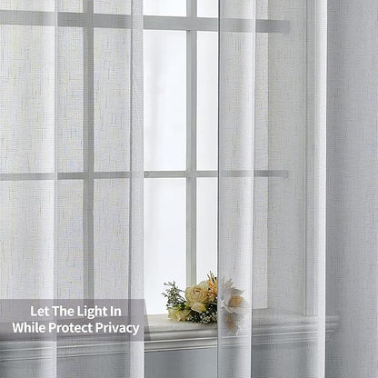 MIULEE 2 Panel Natural Linen Long Semi Sheer Window Curtains - Elegant Solid Light Grey Drapes with Grommet Top - Voile Panels, Linen Textured for Bedroom & Living Room (52X108 Inch)