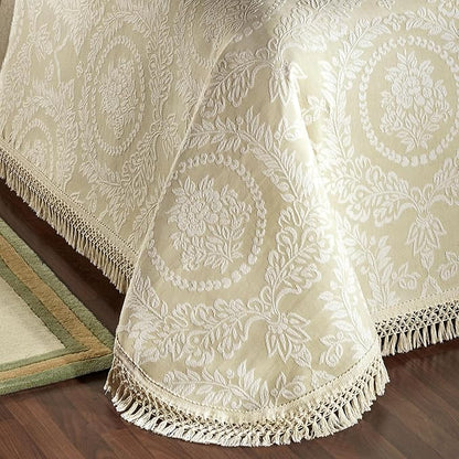 Timeless Vintage Style Bedding with Fringe Edges | Neutral Sage and Ecru | Textured Matelasse Rose Medallions and Leaves | 5 Piece Lightweight Bed Set: Oversized King Bedspread & 4 King Pillow Shams