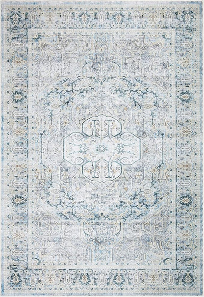 Bloom Rugs Washable Non-Slip 5' x 7' Rug - Cream/Light Blue/Teal Traditional Medallion Area Rug for Living Room, Bedroom, Dining Room, and Kitchen - Exact Size: 5' x 7'