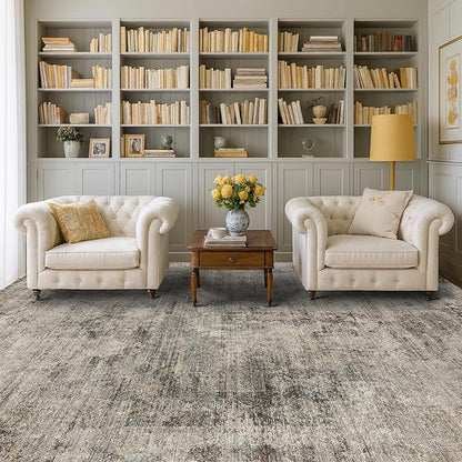 5x7 Earthy Rug for Living Room, Vintage Unique Area Rug for Bedroom Under Bed, Dining Room, Washable Non Slip Brown Gray Taupe Décor