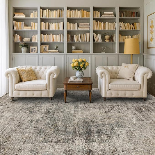 5x8 Dark Rug for Living Room, Vintage Unique Area Rug for Mudroom, Home Office, Dining Room, Washable Non Slip Brown Taupe Décor