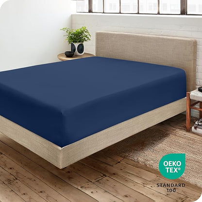 Bare Home Fitted Bottom Sheet Full XL Size - Premium 1800 Microfiber - Ultra-Soft Hotel Luxury - Deep Pocket - Durable and Long Lasting (Full XL, Dark Blue)