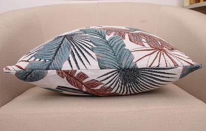 Yeiotsy Throw Pillow Cover, Tropical Leaf Decorative Cushion Case Thick Jacquard Chenille (Teal & Red, 18 x 18 Inches)