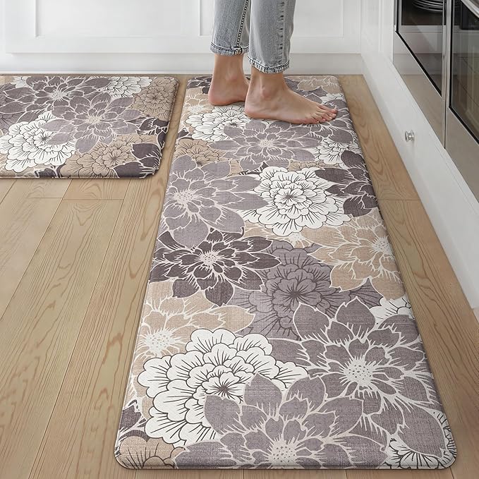 GENIMO Kitchen Mats for Floor, Kitchen Rugs Non Slip Washable Sets of 2, Waterproof Cushioned Anti Fatigue Mat, Floral Runner Rug for Laundry, Sink, Office, Home, 17.3"x59"+17.3"x30", Coffee Brown