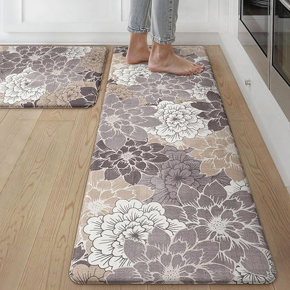 GENIMO Kitchen Mats for Floor, Kitchen Rugs Non Slip Washable Sets of 2, Waterproof Cushioned Anti Fatigue Mat, Floral Runner Rug for Laundry, Sink, Office, Home, 17.3"x59"+17.3"x30", Coffee Brown