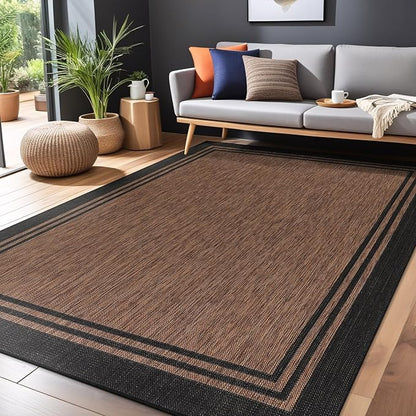 Bordered Outdoor Rug 8x10 Washable Outside Carpet for Indoor Patio Porch Waterproof Easy Cleaning Non Shedding Area Rugs Nut Brown 8 x 10